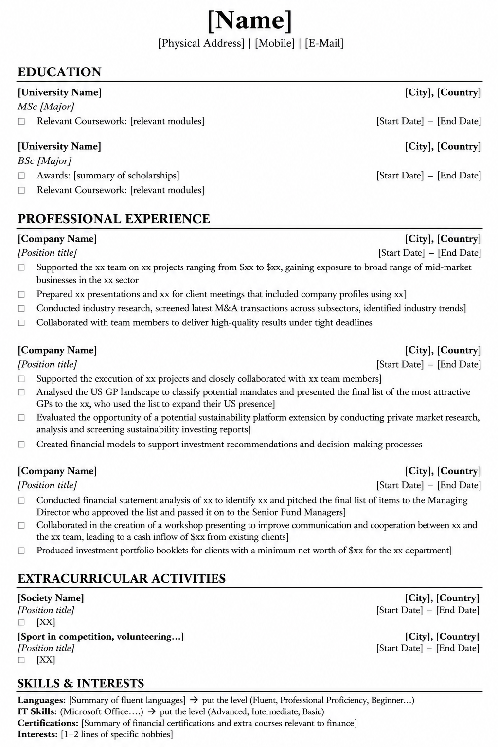Template CV Finance & Consulting
